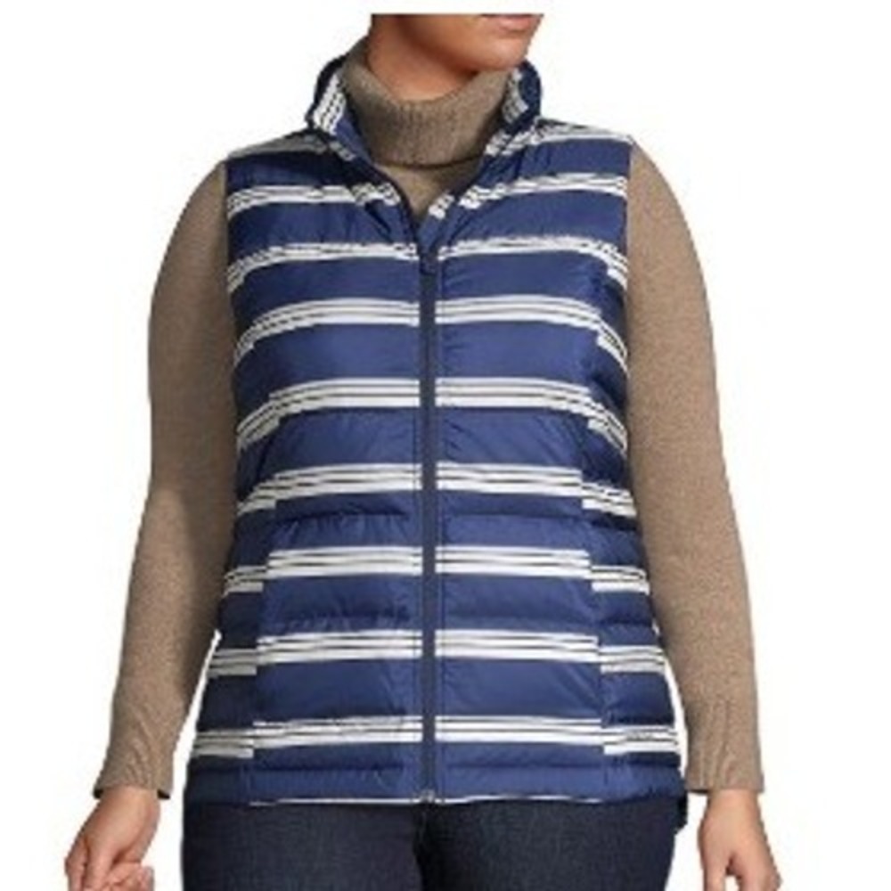 Lands' End Women's Blue White Stripe Down Puffer Vest Plus Size 2X (20W-22W)